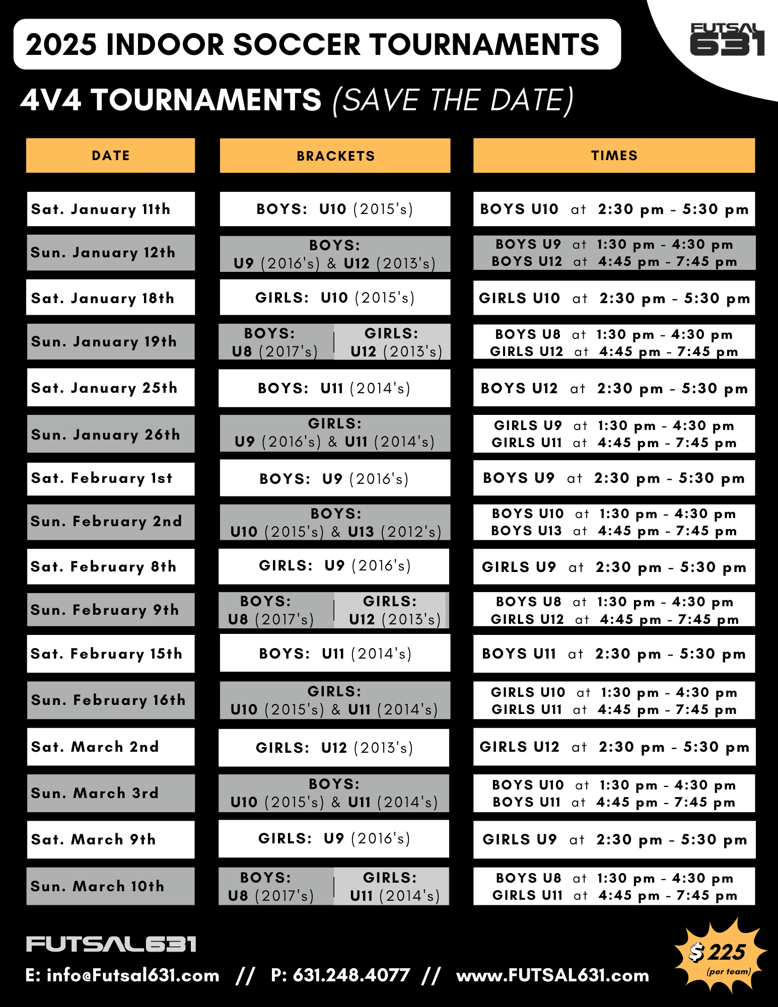 Futsal631 - 2025 4V4 Tournament Schedule